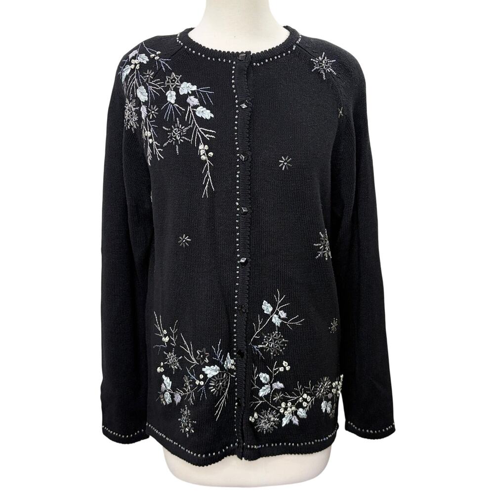 Stitches In Time Size S Cardigan Sweater Embroidered Beaded Winter Snowflake